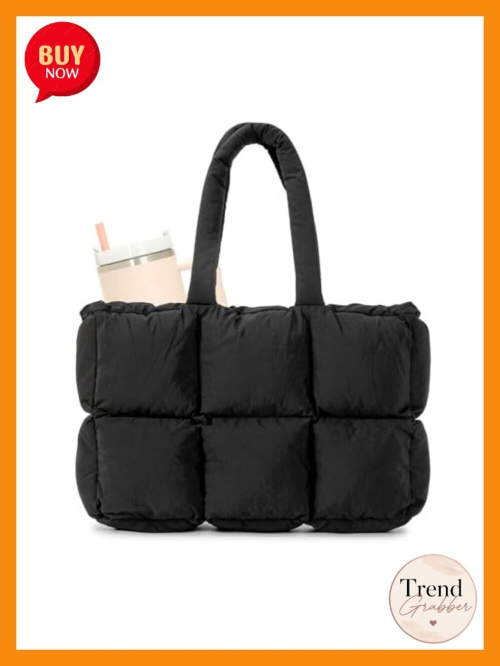 Large Quilted Puffy Nylon Tote Bag with Cup Holder, Laptop Sleeve, Lightweight